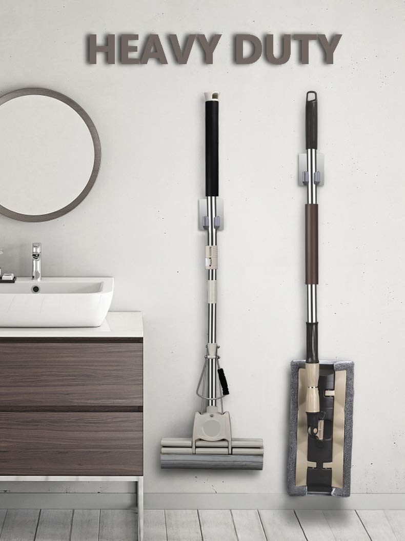 HANZE 2 Pack Stainless Steel Mop Broom Holder Organizer, Self Adhesive Wall Mounted Mop Organizer Storage Rack Clip for Kitchen Bathroom and Garage (Rectangle, Large) - Image 3